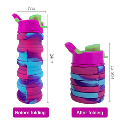 A 500ml collapsible silicone sports water bottle with a camouflage design, folded and unfolded, perfect for fitness, travel, and outdoor activities.

