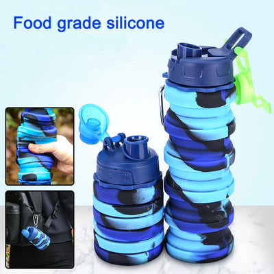 A 500ml collapsible silicone sports water bottle with a camouflage design, folded and unfolded, perfect for fitness, travel, and outdoor activities.

