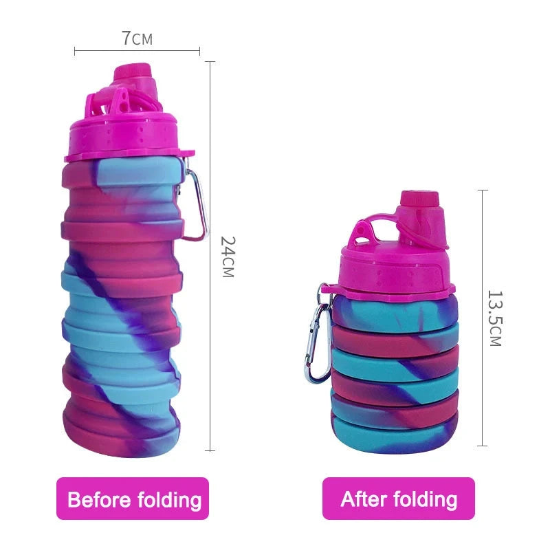 A 500ml collapsible silicone sports water bottle with a camouflage design, folded and unfolded, perfect for fitness, travel, and outdoor activities.

