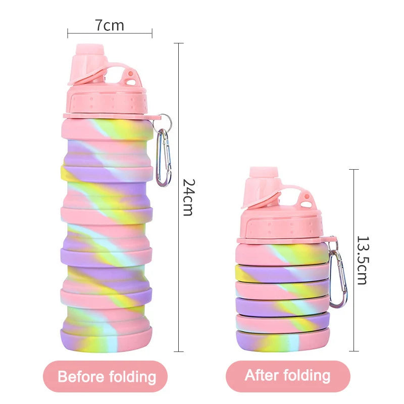 A 500ml collapsible silicone sports water bottle with a camouflage design, folded and unfolded, perfect for fitness, travel, and outdoor activities.

