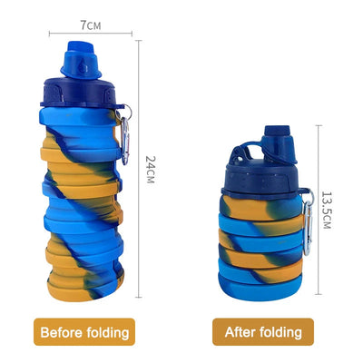 A 500ml collapsible silicone sports water bottle with a camouflage design, folded and unfolded, perfect for fitness, travel, and outdoor activities.

