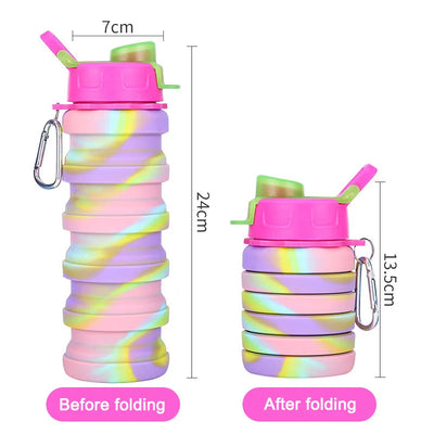 A 500ml collapsible silicone sports water bottle with a camouflage design, folded and unfolded, perfect for fitness, travel, and outdoor activities.

