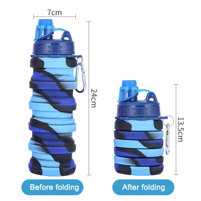 A 500ml collapsible silicone sports water bottle with a camouflage design, folded and unfolded, perfect for fitness, travel, and outdoor activities.

